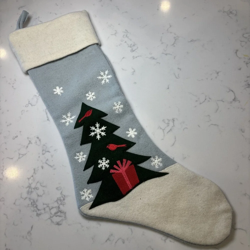 Crate‎ & Barrel Aspen Fir Christmas Stocking Holiday Decor Wool Blend Light Blue